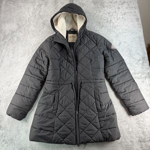 Hollister Womens L Quilted Puffer Coat Gray Sherpa Lined Hood Long Winter Jacket